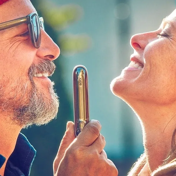 Couple smiling holding an IQOS device