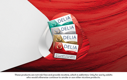 4 packs of DELIA on white and red background in front of IQOS logo.