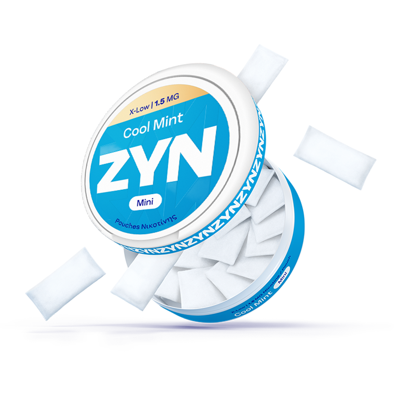 An open ZYN can of nicotine pouches of Cool Mint X-Low 1.5 mg flavor, from which nicotine pouches are coming out