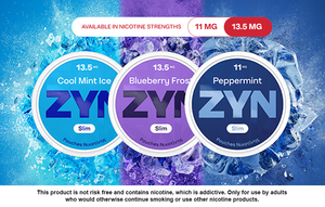 â€‹3 ZYN cans on a bright blue background.