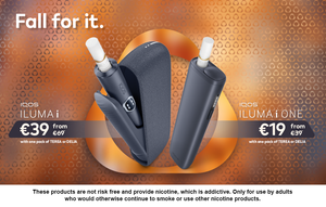 IQOS ILUMA i and IQOS ILUMA i ONE devices on offer. IQOS ILUMA i for €39 from €69, and IQOS ILUMA i ONE for €19 from €39 with one pack of TEREA or DELIA.
