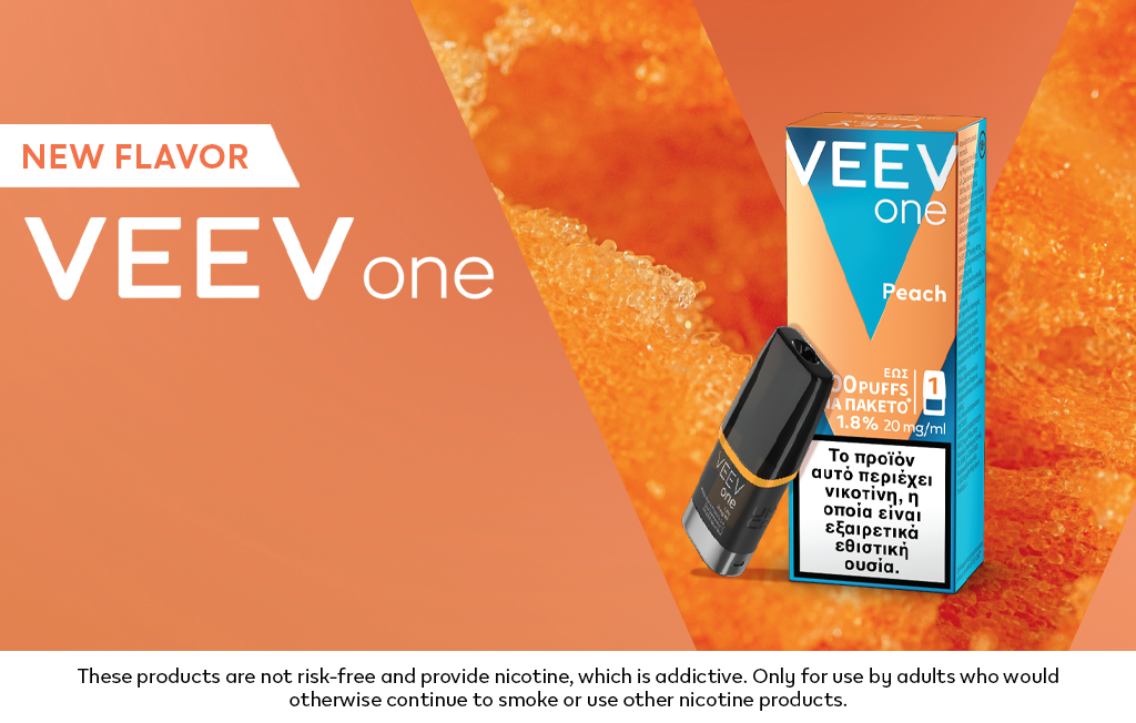 VEEV ONE pods Peach on an orange background.