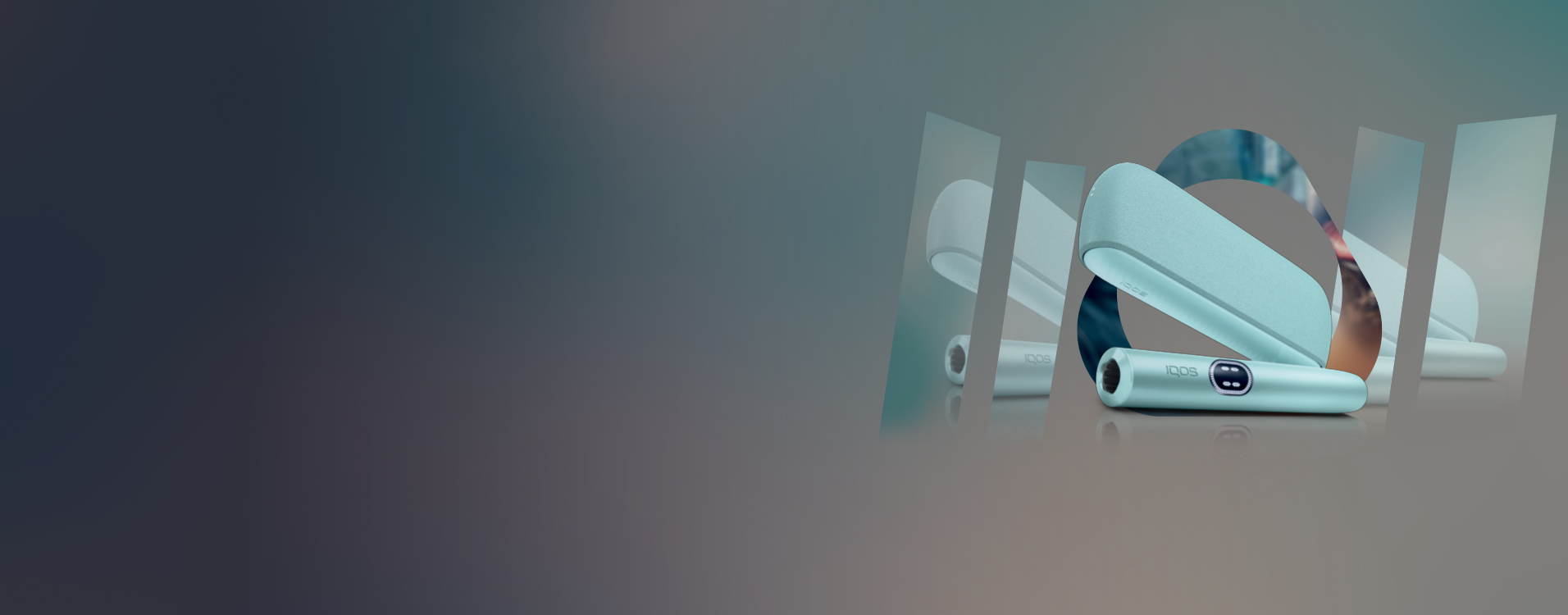 Συσκευή IQOS ILUMA i χρώματος Breeze Blue μπροστά από καθρέφτη.