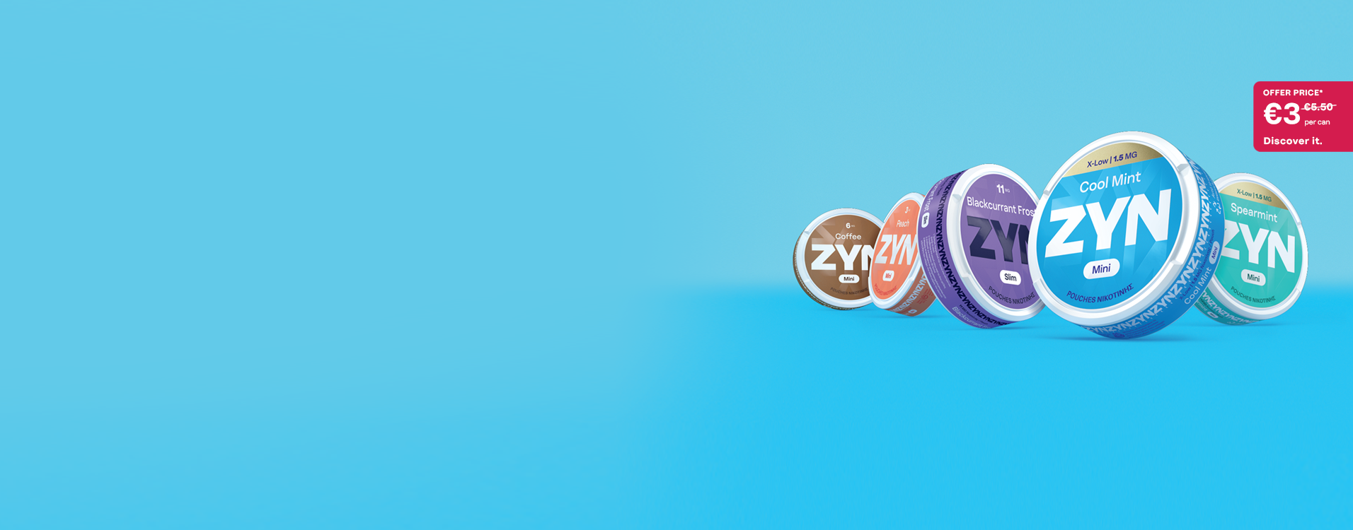 5 ZYN nicotine pouches on offer on light blue background.