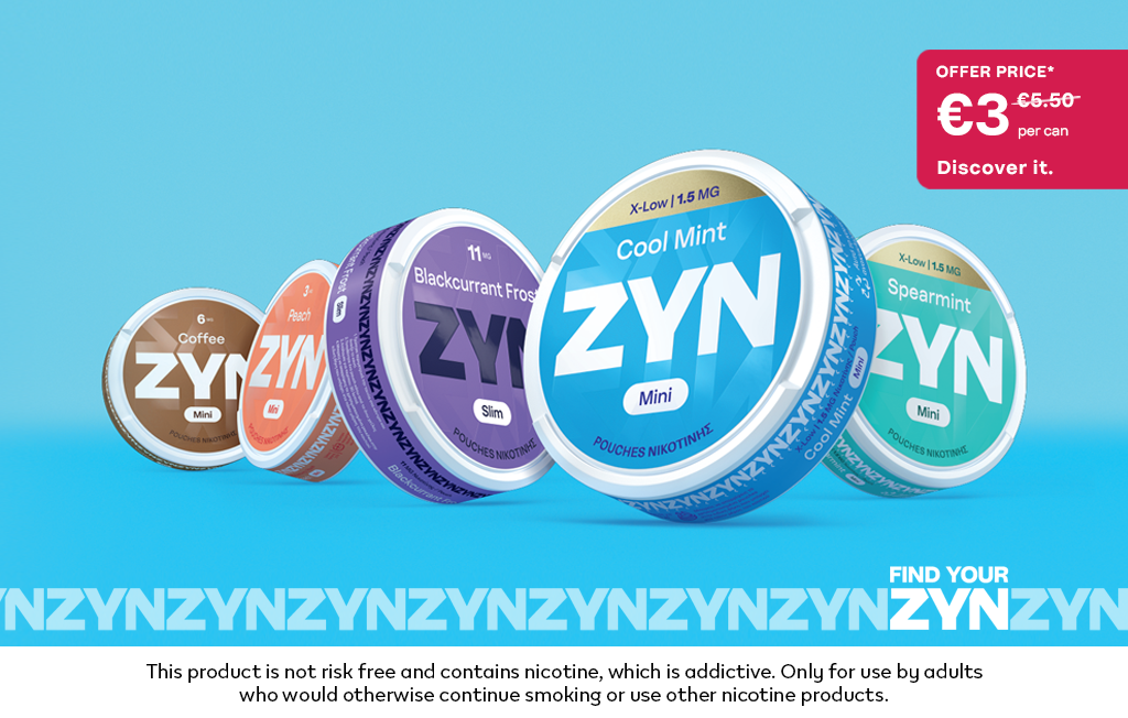 5 ZYN nicotine pouches on offer on light blue background.