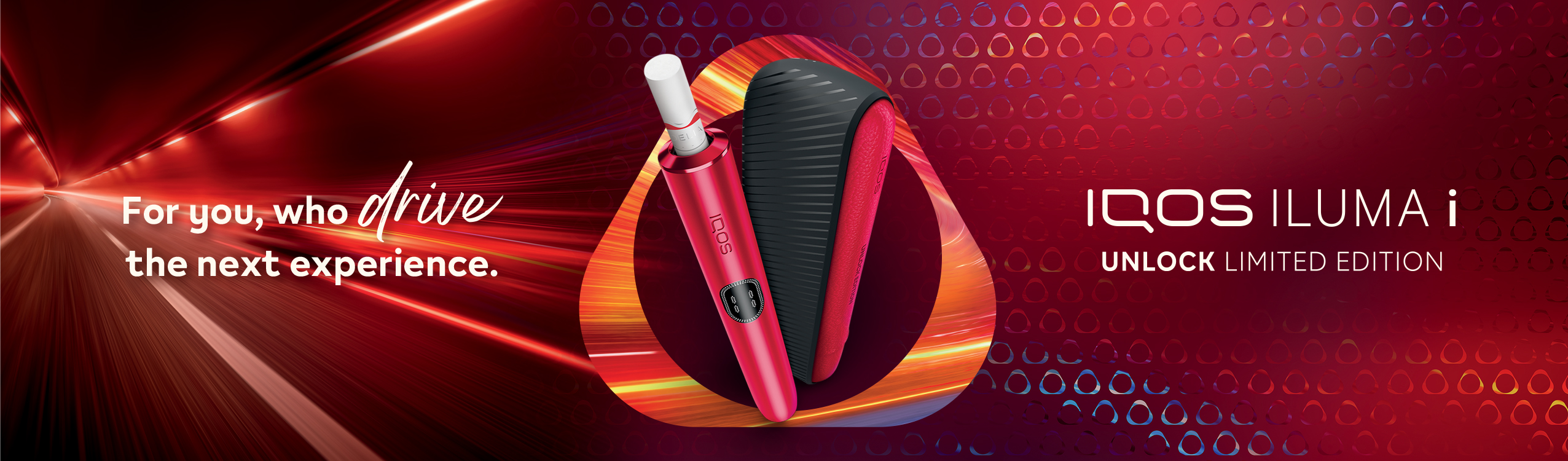 IQOS ILUMA i Unlock on a dynamic red motion-inspired background.