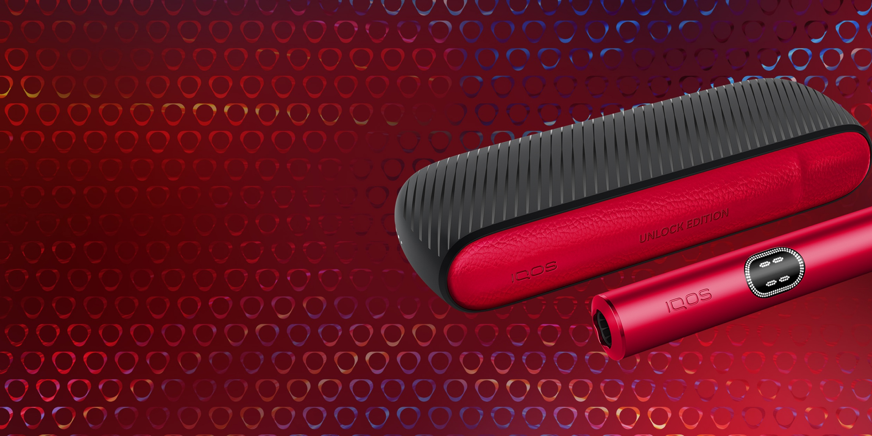 IQOS ILUMA i Unlock on a dynamic red motion-inspired background.