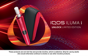 IQOS ILUMA i Unlock Limited Edition device and cover on a red promotional background with product branding.