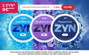 ​3 ZYN cans on a bright blue background.