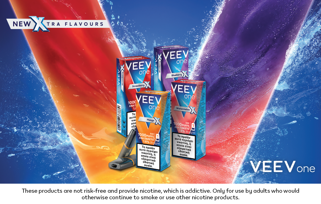 VEEV One XTRA Flavours in Strawberry, Mango, Blueberry and Watermelon flavors standing against a background with red, blue, and purple streaks which forms the VEEV logo.