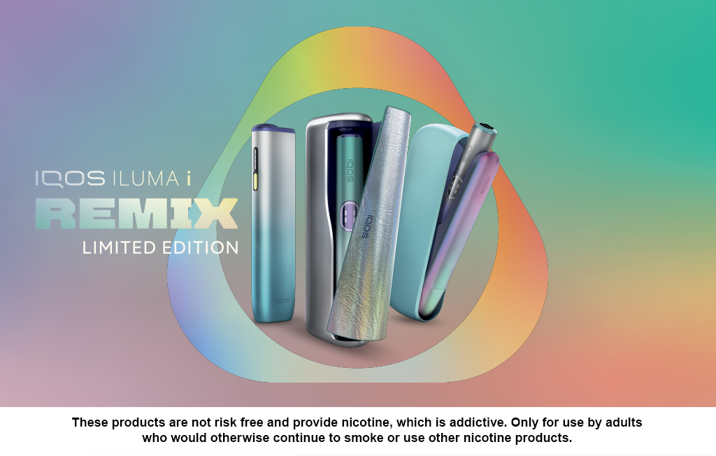 The three limited edition devices from the IQOS ILUMA i range, on a colorful background.
