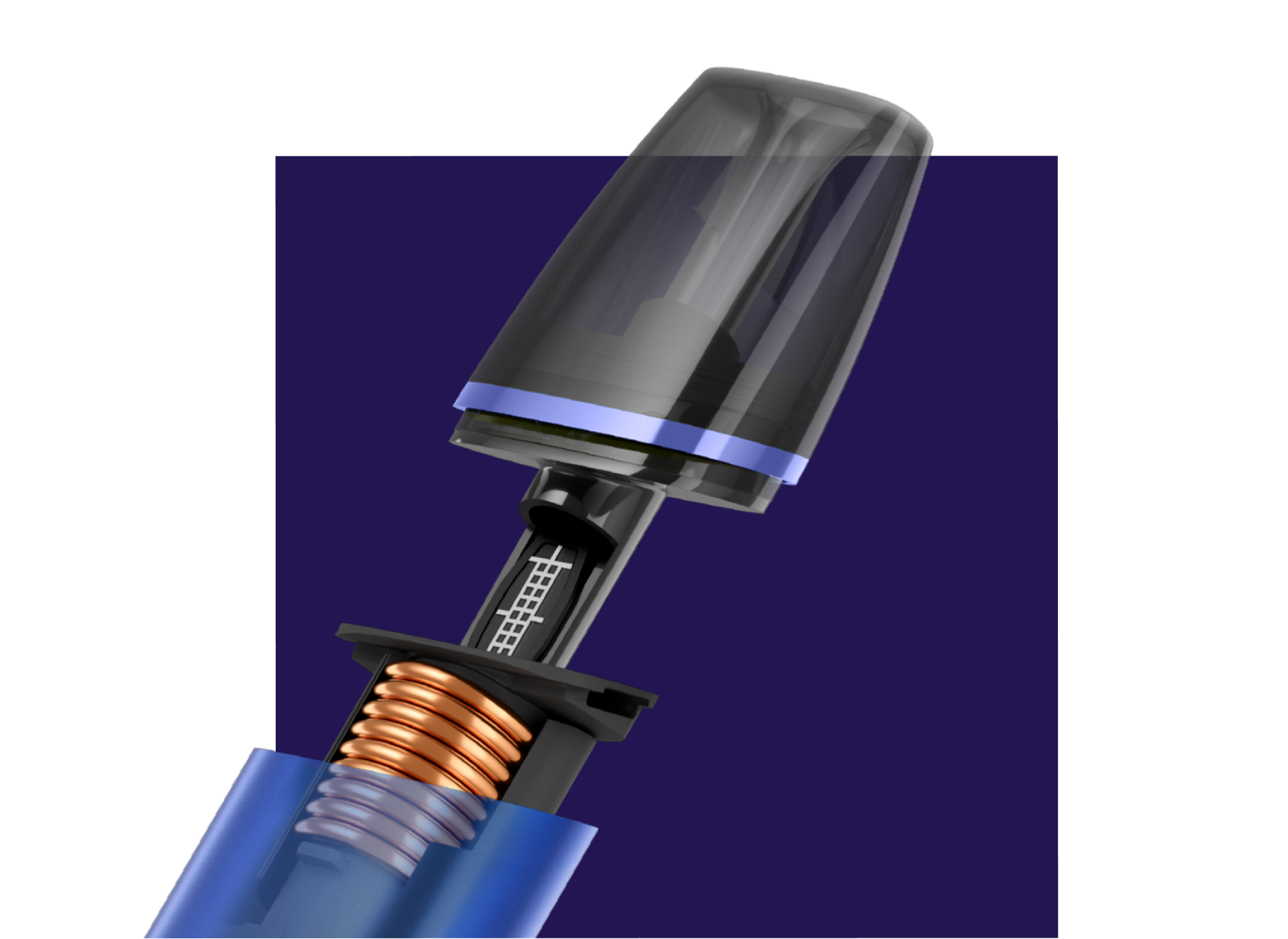 VEEV ONE vaping device close up of mouthpiece and purple hardware.