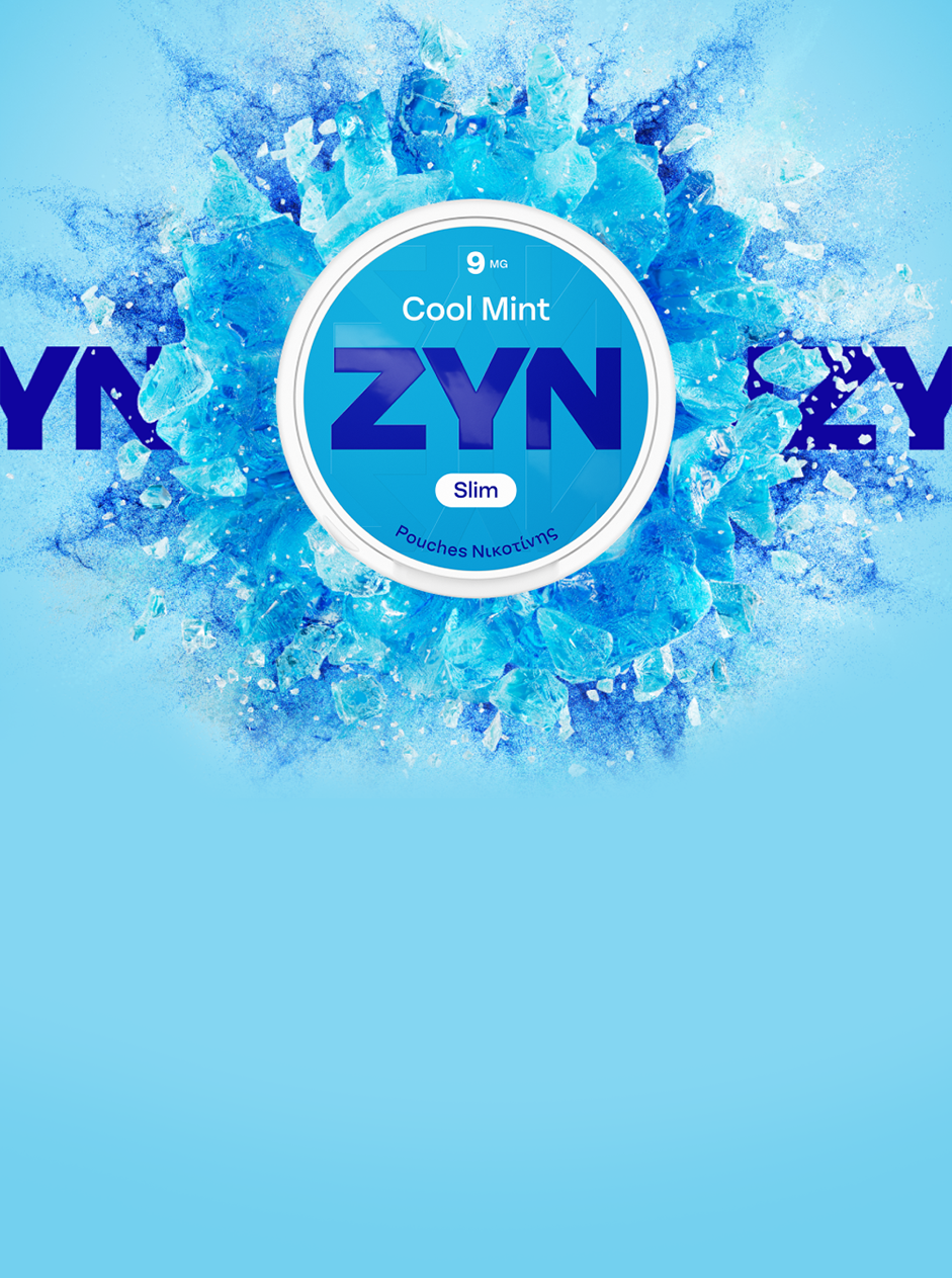 Κουτί ΖΥΝ Cool Mint Slim 9mg σε γαλάζιο φόντο.