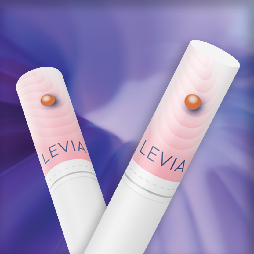 Two LEVIA sticks with integrated Pearl capsules are displayed against a purple background.