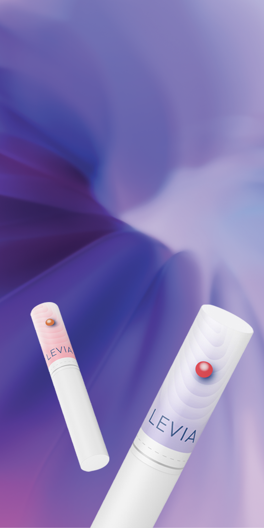 Two LEVIA sticks with integrated Pearl capsules are displayed against a purple background
