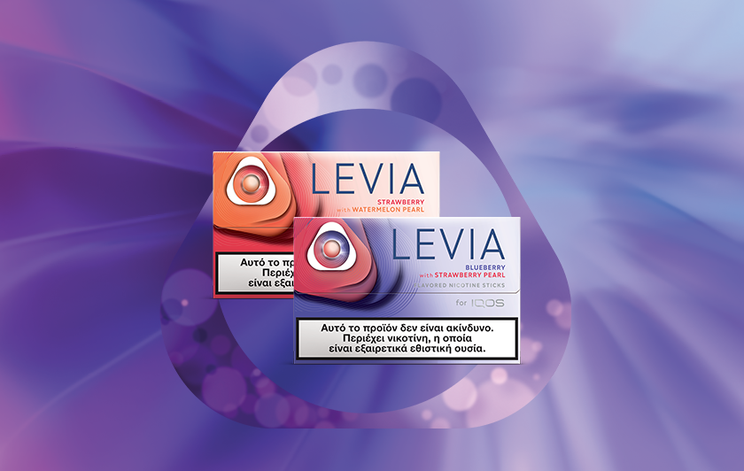 Two LEVIA Pearls, encircled by the IQOS logo on a purple background.