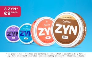 Four ZYN cans, Coffee 1.5 mg, Peach 6 mg, Cool Mint 11 mg, and Blueberry Frost 13.5 mg, on a light blue background with an offer of 3 ZYN for €9, from €16.50.