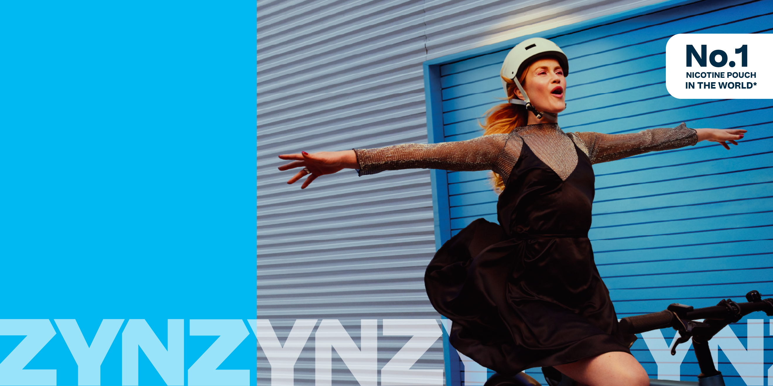 Woman with a helmet, holding a bag, riding a bicycle on blue background.