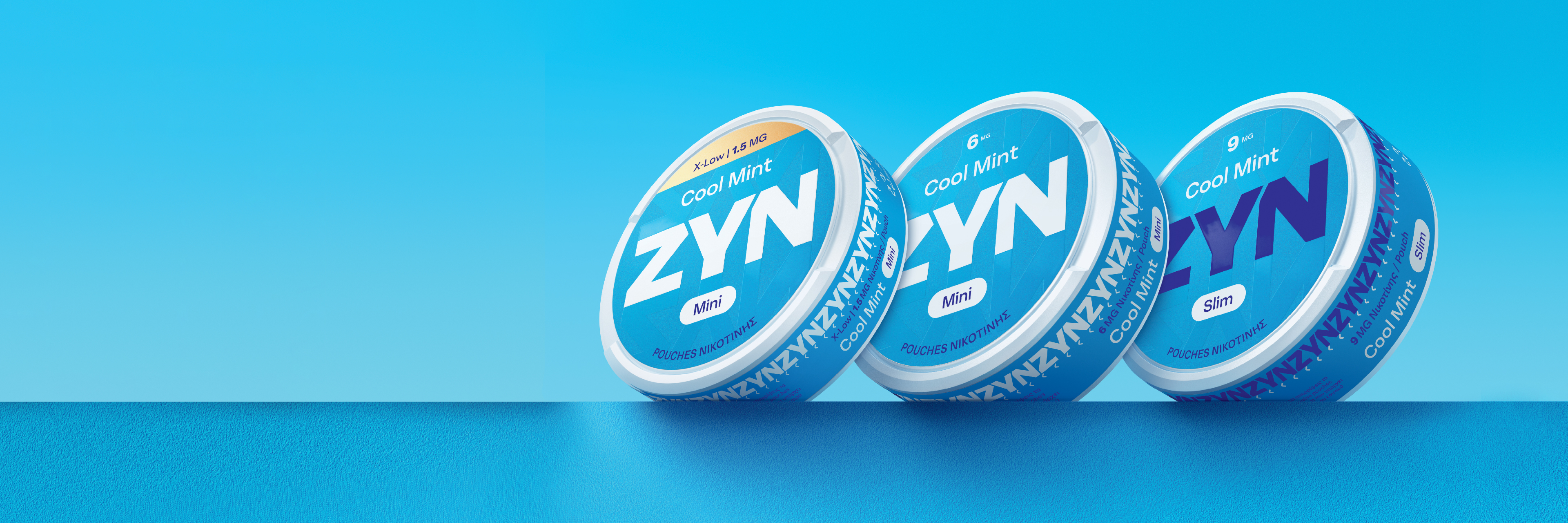 3 ΖΥΝ nicotine pouches of 1.5, 6 and 3 mg nicotine levels on blue background.