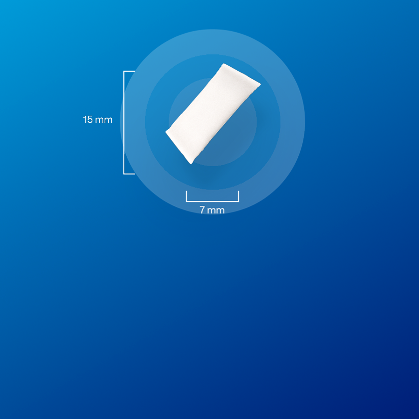 Nicotine pouches with dimensions of 15mm height and 7mm width on blue background