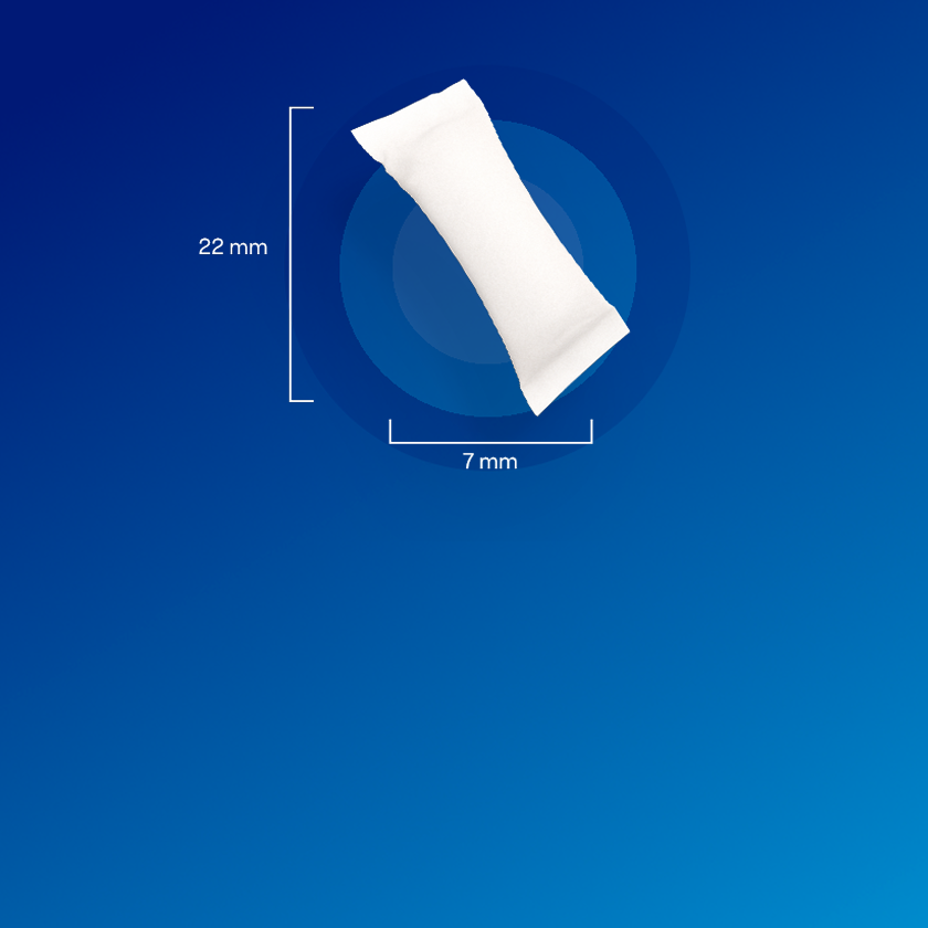 Nicotine pouches with dimensions of 27mm height and 7mm width on blue background