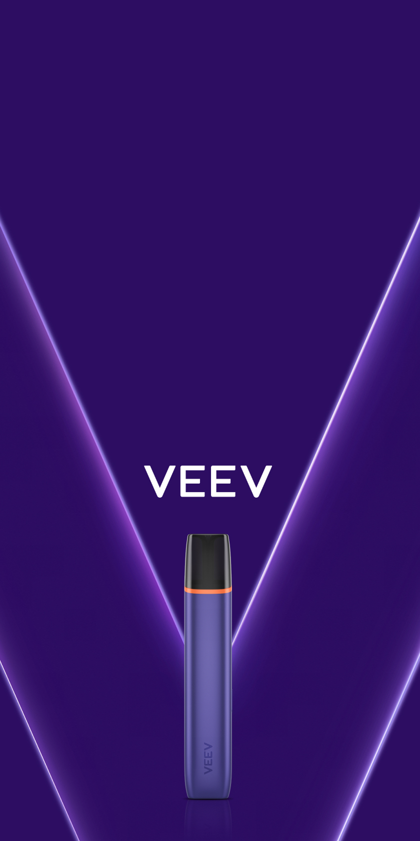 VEEV ONE vaping device under VEEV logo and in front of a purple V logo