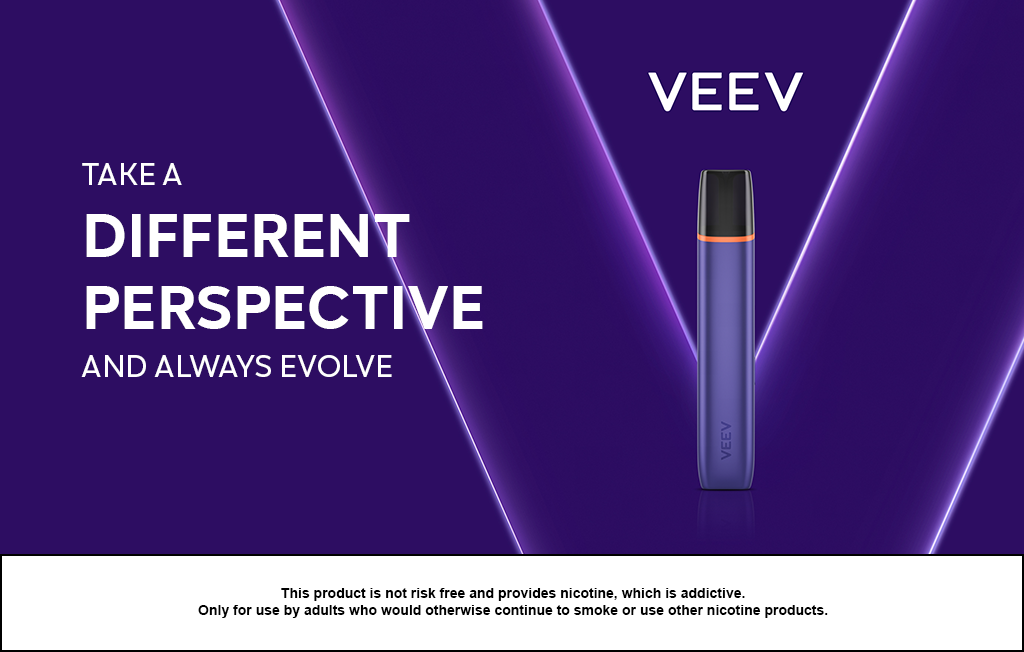 Purple VEEV vape device on dark purple background with Greek slogan and nicotine disclaimer.
