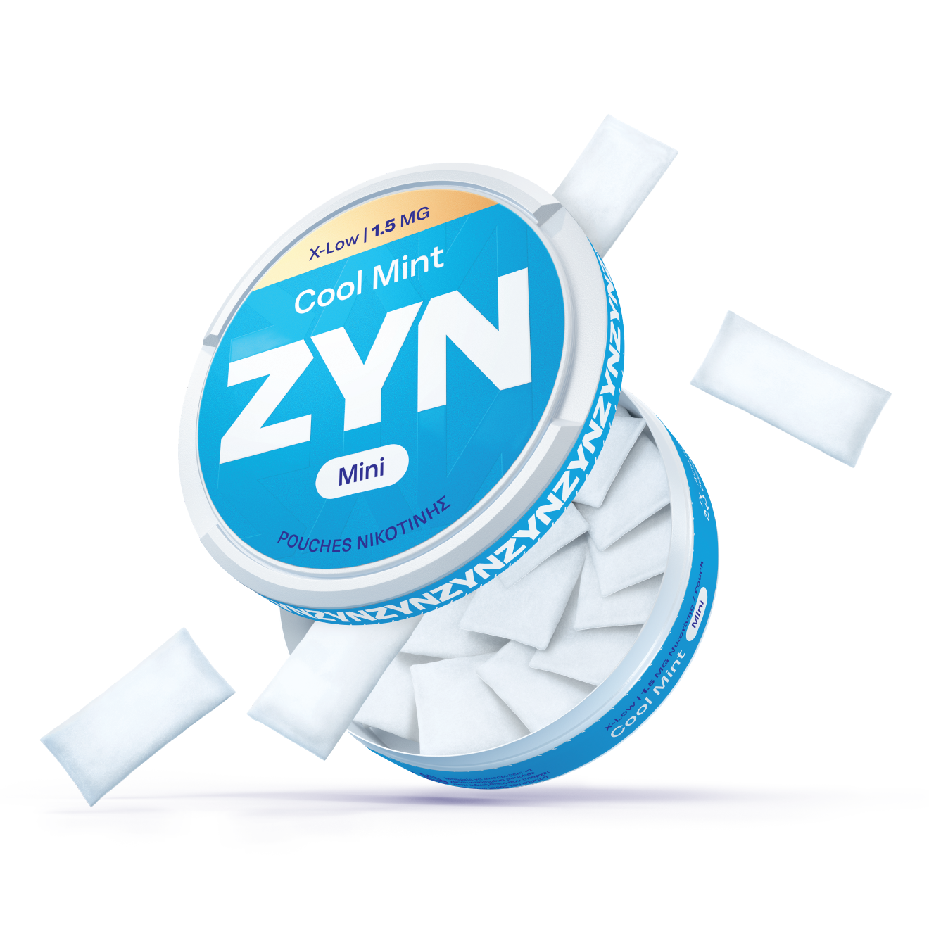 An open ZYN can of nicotine pouches of Cool Mint X-Low 1.5 mg flavor, from which nicotine pouches are coming out