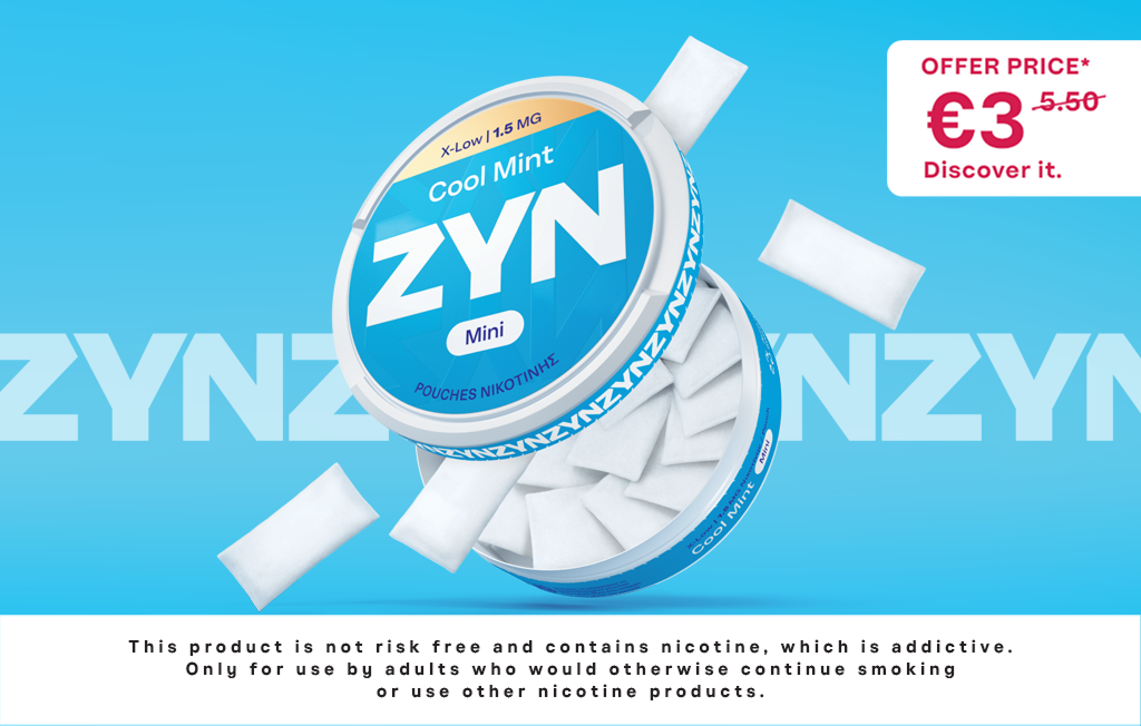 An 1.5 mg Cool Mint X-Low Mini open ZYN can with nicotine pouches coming out of it, on blue font with the ZYN logo