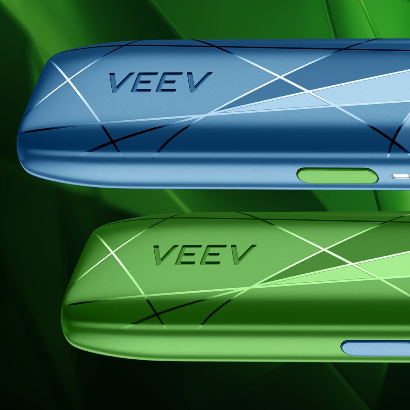 Δύο νέες συσκευές VEEV ONE PERSPECTIVES SPECIAL EDITION σε μπλε και πράσινο, sσε φόντο με σχεδιασμό πρίσματος