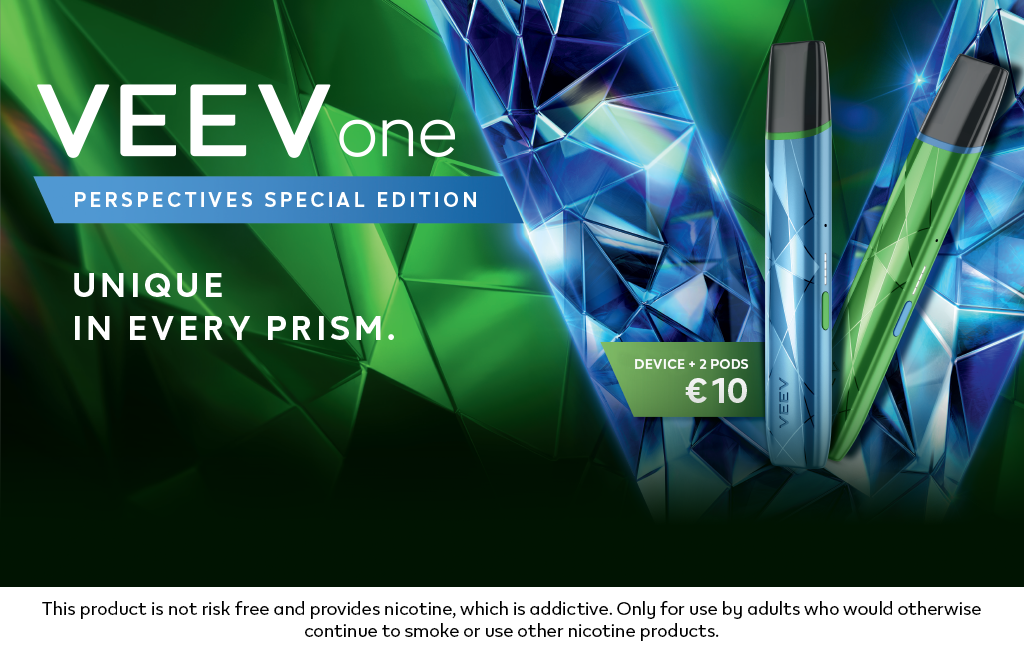 Two new VEEV ONE PERSPECTIVES SPECIAL EDITION devices in blue and green, with pricing details. Contains nicotine warning at the bottom.