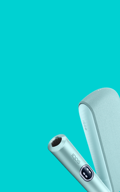 Συσκευή IQOS ILUMA i σε τιρκουάζ φόντο.