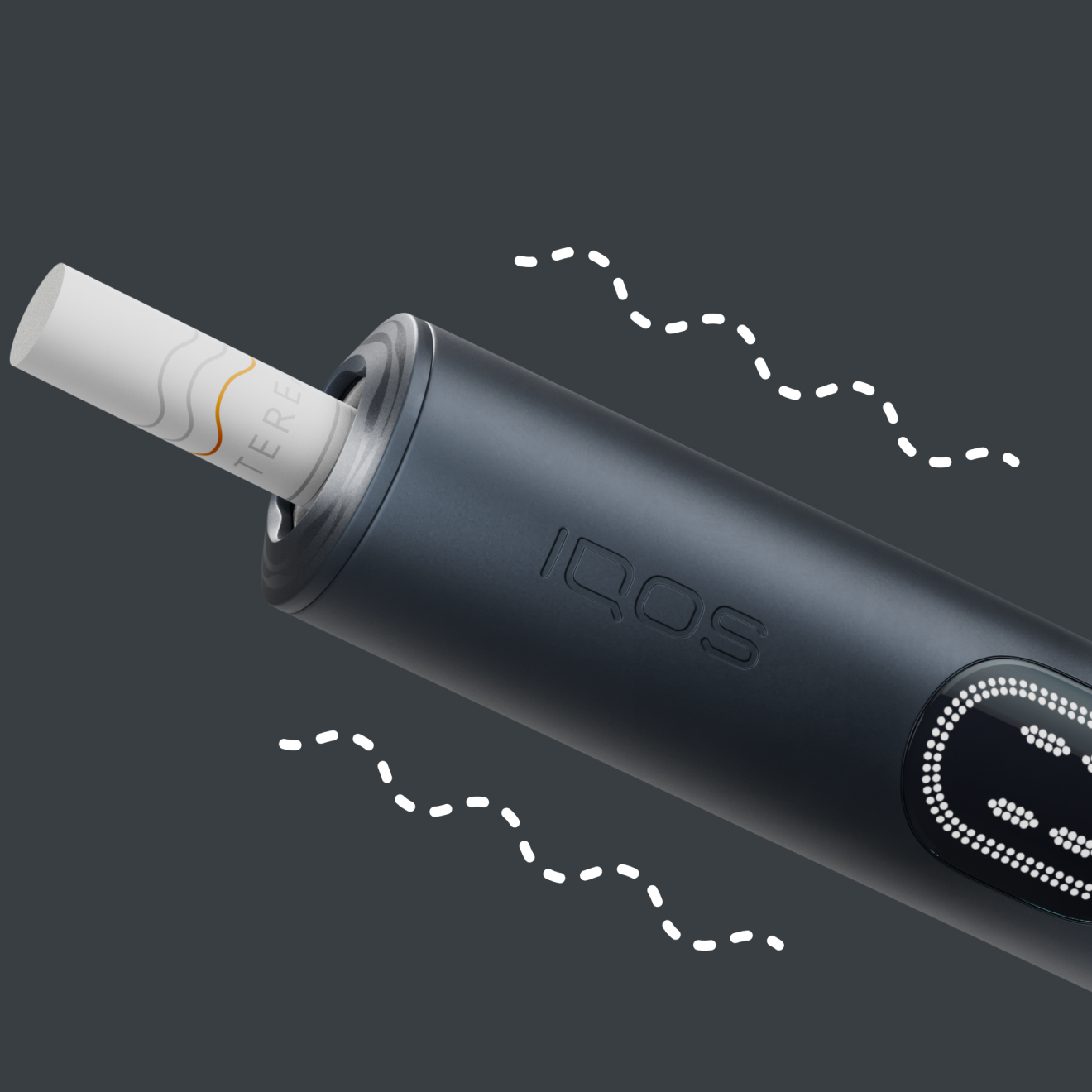 Close up to an IQOS ILUMA i  device with inserted stick that vibrates.