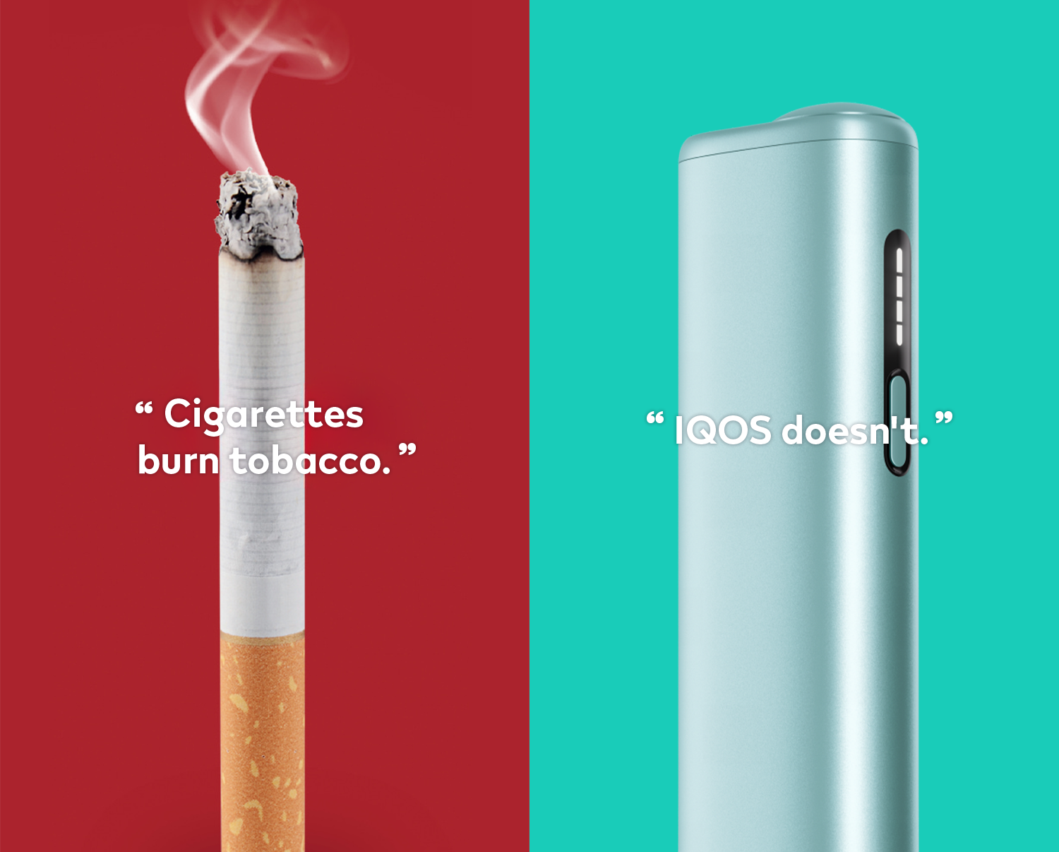 Lit cigarette producing smoke and ash on the left and IQOS ILUMA i ONE device on the right