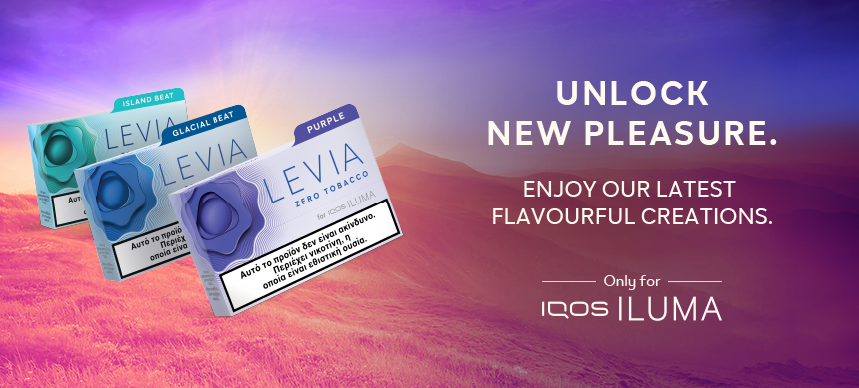 Three packs of Levia tobacco sticks in different flavors: Island Beat, Glacial X-ment, and Purple. The background is a scenic landscape with mountains and a colorful sky.
