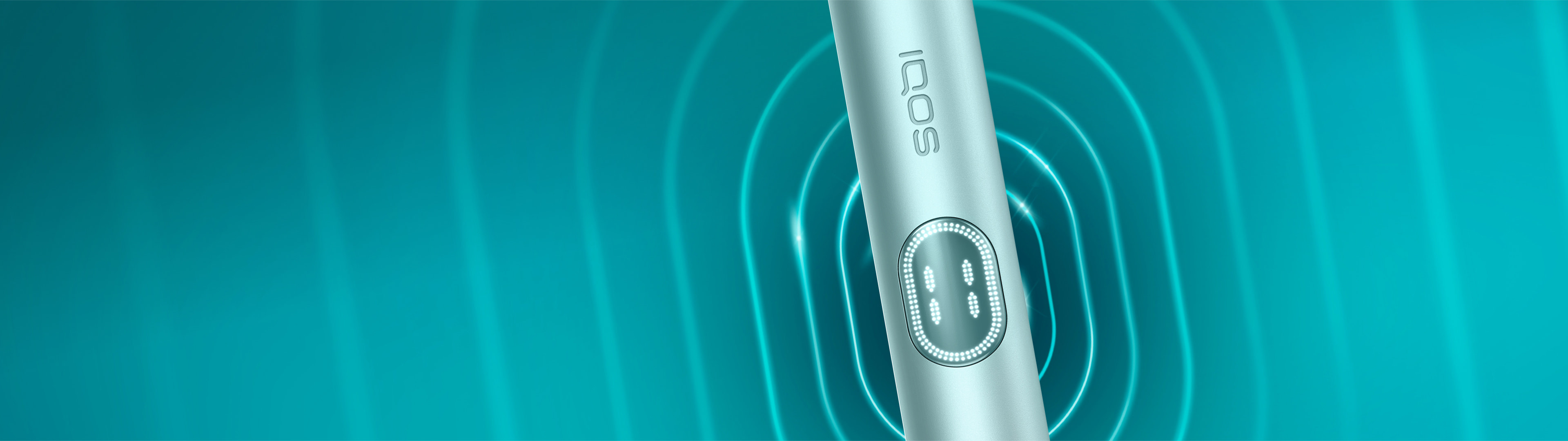 Blue IQOS ILUMA i PRIME device on a dark turquoise background with concentric oval pattern