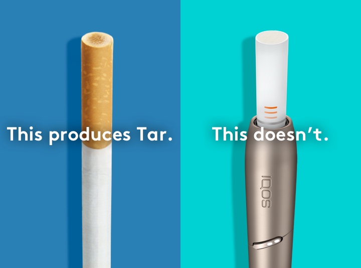 Cigarette filter with brown combustion stains compared to IQOS HEETS stick in IQOS 3 DUO holder with no equivalent stain.
