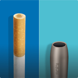 Cigarette filter with brown combustion stains compared to IQOS HEETS stick in IQOS 3 DUO holder with no equivalent stain