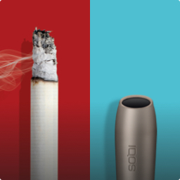 Lit cigarette end compared to IQOS HEETS stick in IQOS 3 DUO holder