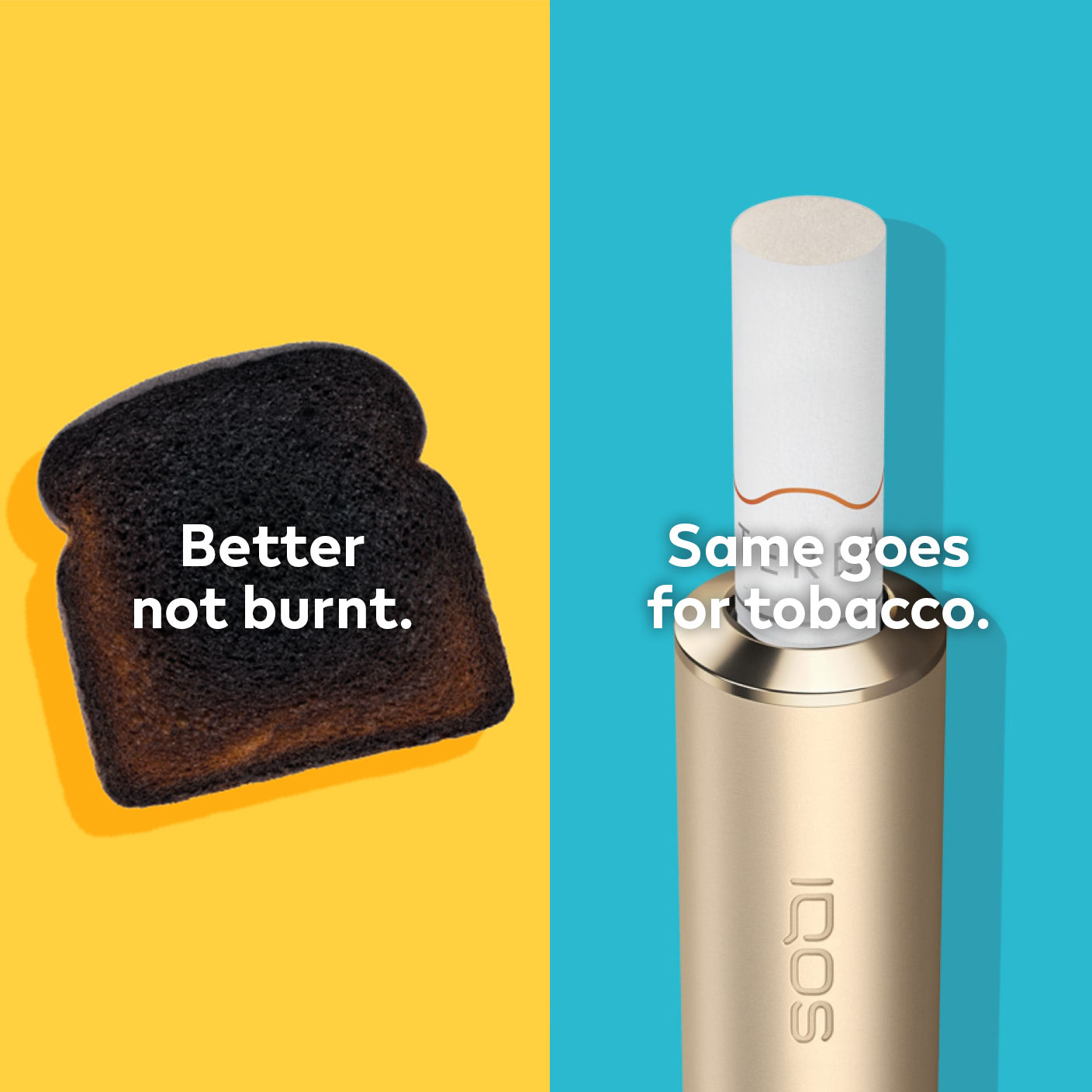Burnt sausage on a fork compared to a clean IQOS HEETS stick in IQOS 3 DUO holder.