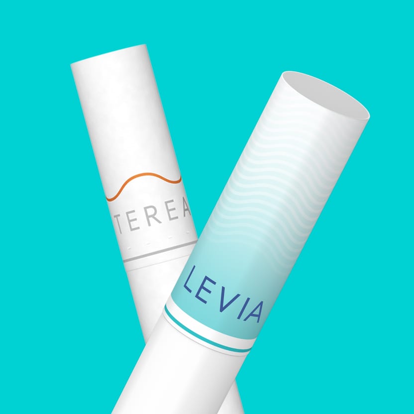 LEVIA and TEREA heat not burn sticks on a turquoise background