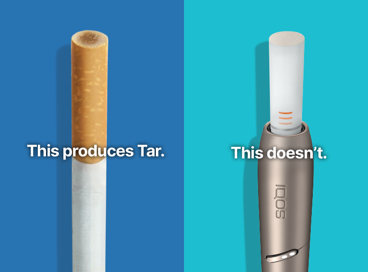 Cigarette filter with brown combustion stains compared to IQOS HEETS stick in IQOS 3 DUO holder with no equivalent stain.