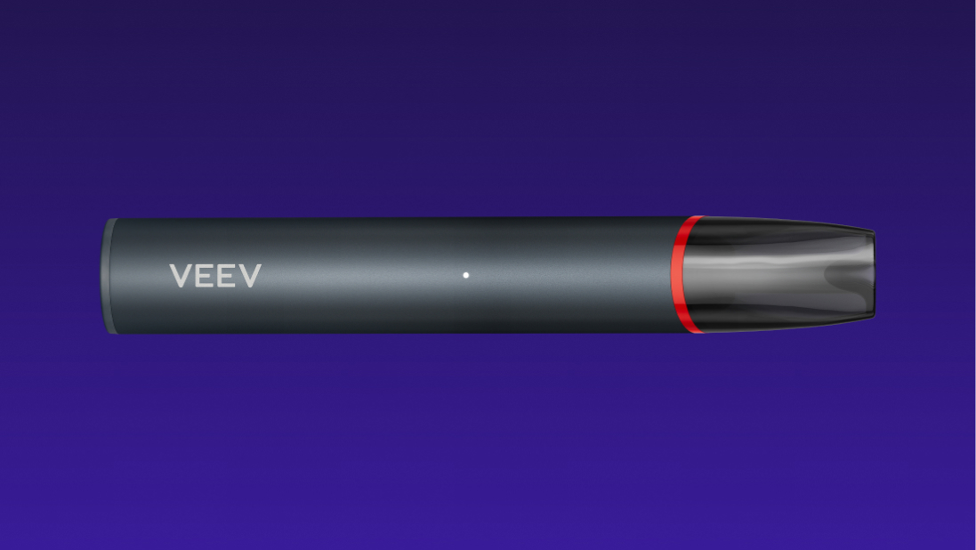 VEEV NOW ULTRA disposable vaping device lengthways with red ring around the mouthpiece