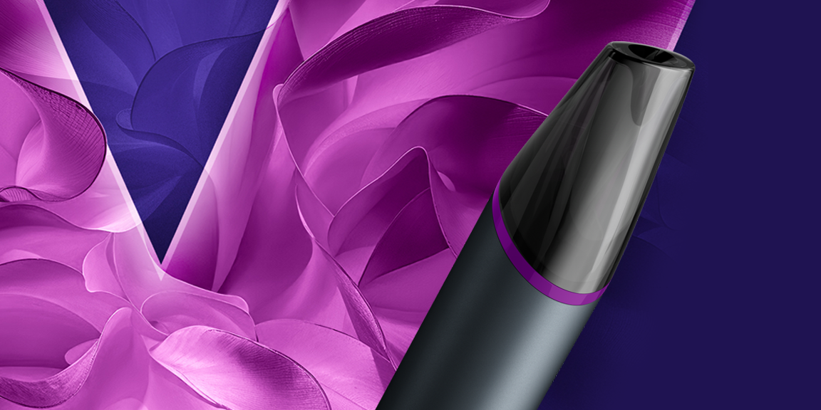 VEEV NOW ULTRA disposable vaping device close up of mouthpiece with purple ring on a vibrant purple background