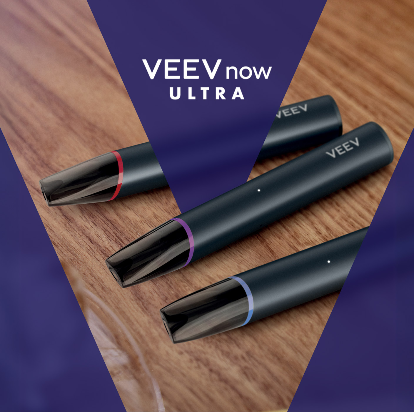 VEEV NOW ULTRA vaping devices on a V logo background