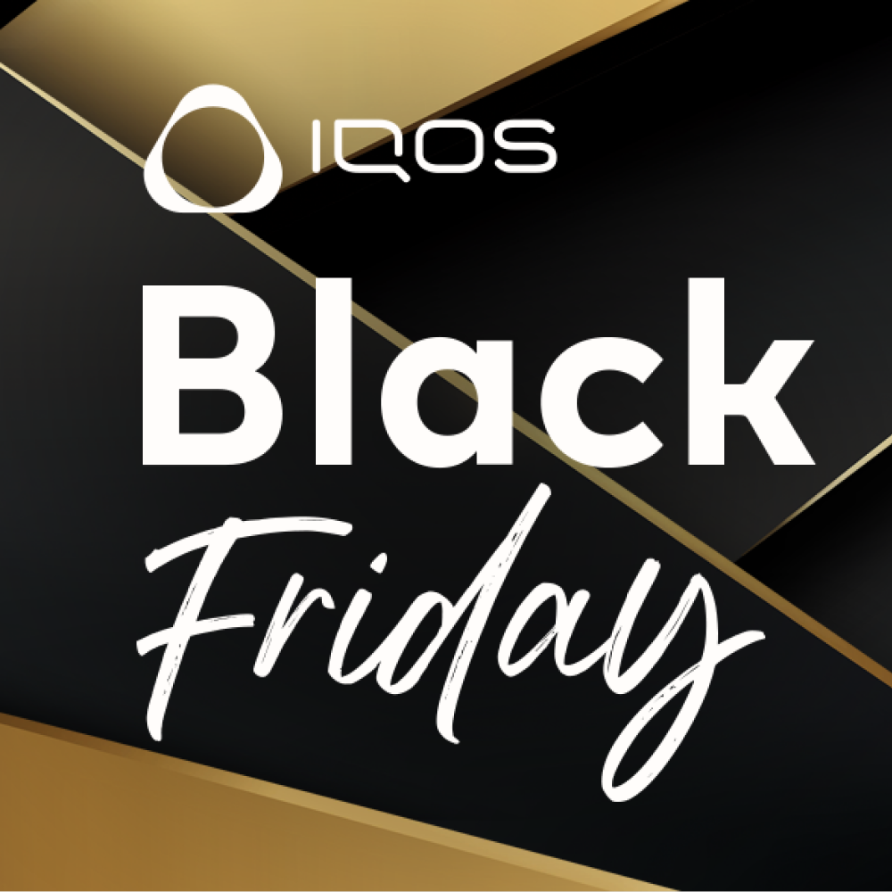 Advertisement for the IQOS Black Friday sale with discounted prices on two heated tobacco devices - the IQOS ILUMA, priced at €39 from €69, and the IQOS ILUMA ONE, priced at €19 from €39. The background is black with the text "IQOS BLACK FRIDAY Your best chance" prominently displayed in large letters.