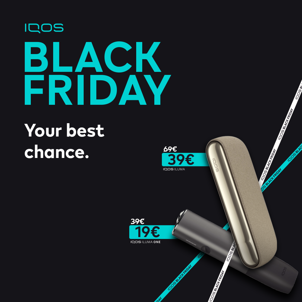 Advertisement for the IQOS Black Friday sale with discounted prices on two heated tobacco devices - the IQOS ILUMA, priced at €39 from €69, and the IQOS ILUMA ONE, priced at €19 from €39. The background is black with the text 