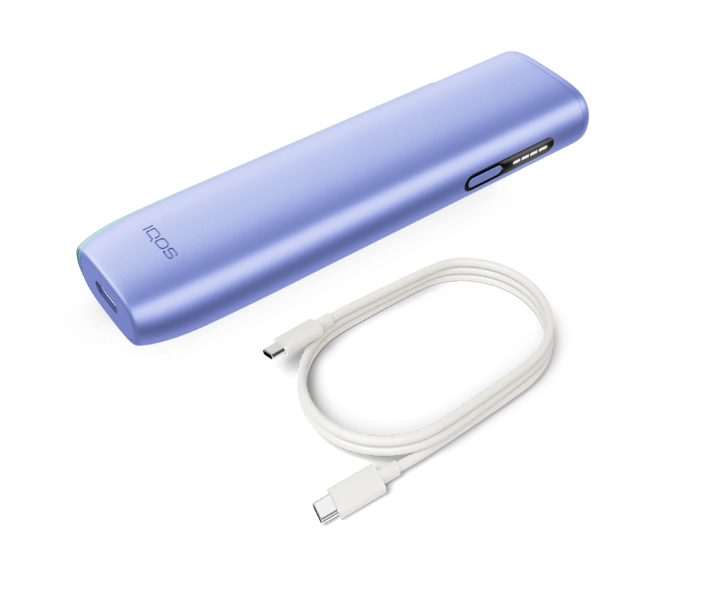 IQOS ILUMA i ONE Breeze Blue and a charging cable