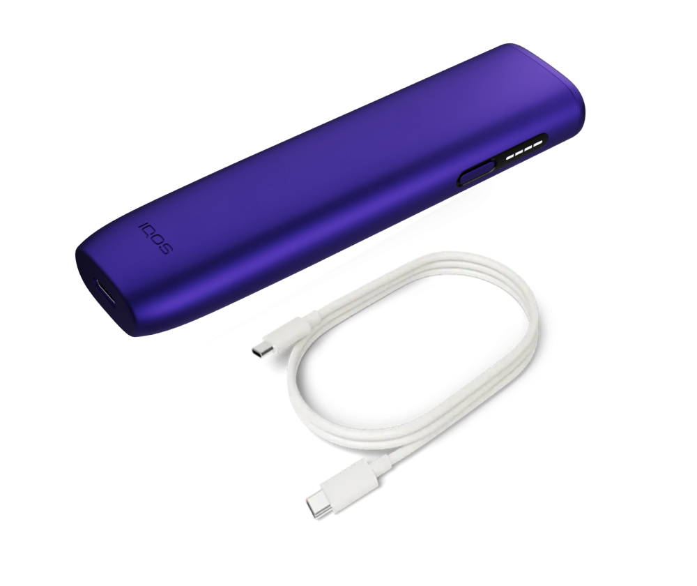 IQOS ILUMA i ONE Electric Purple and a charging cable fullscreen