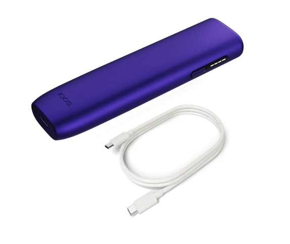 IQOS ILUMA i ONE Electric Purple and a charging cable main